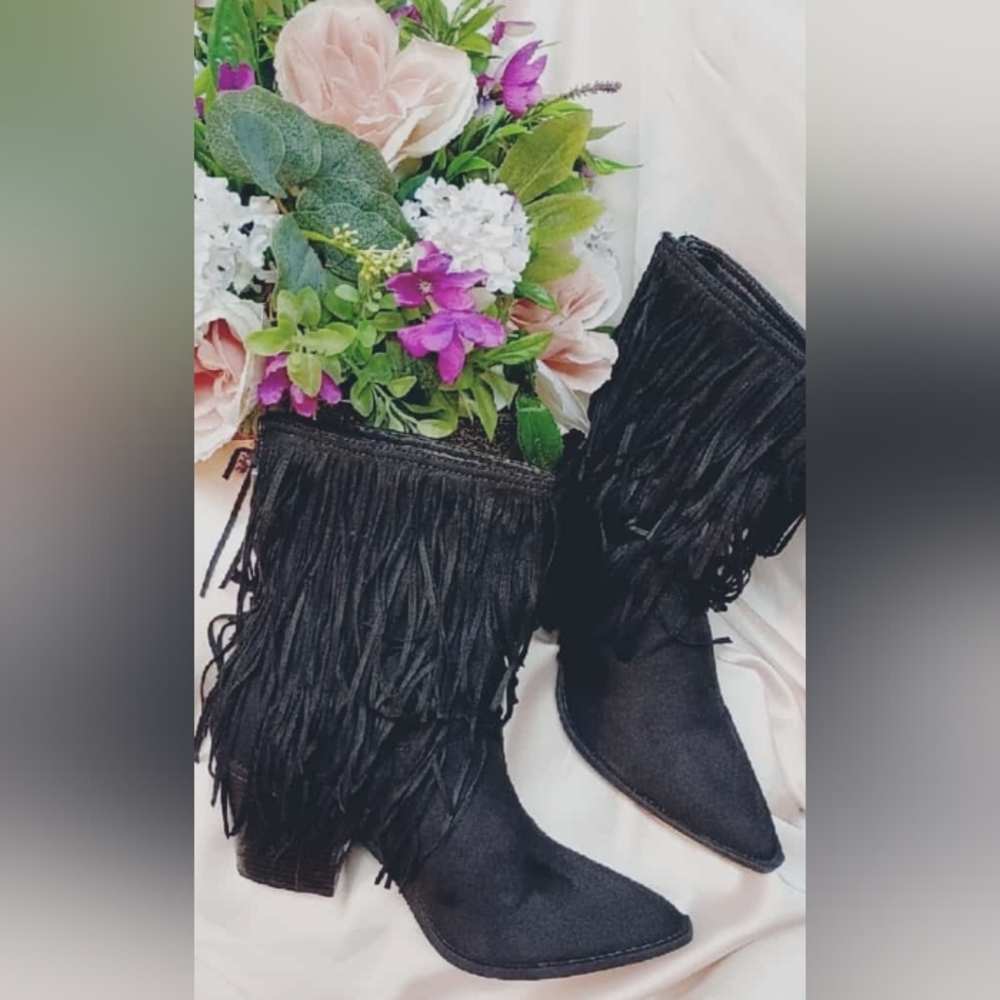 Wild Pair Black Fringed Heeled Boots